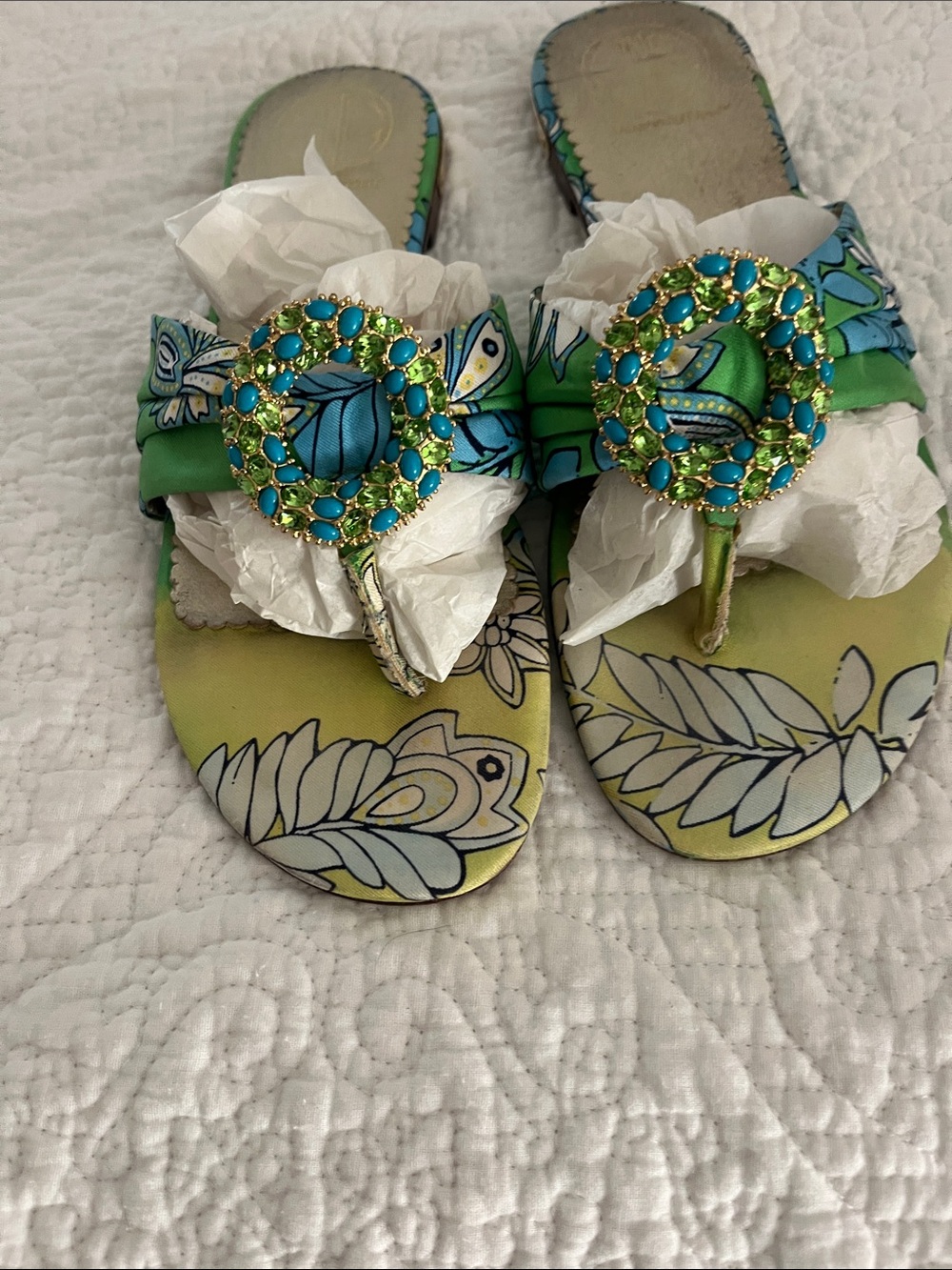 Lilly Pulitzer Green and Blue Floral Jeweled Slide Sandals